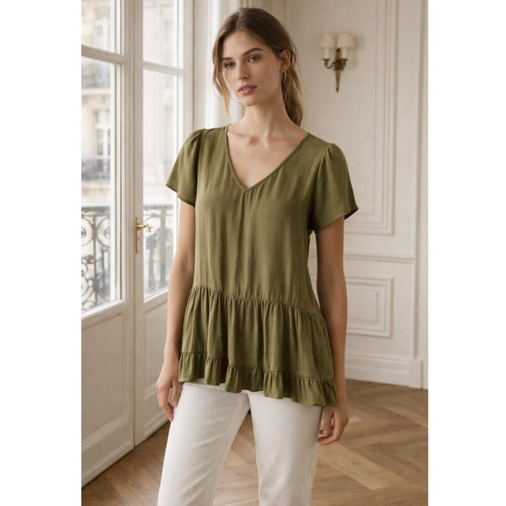 🦋 RO & DE Peplum Babydoll Olive Green Top Blouse XS